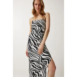 Happiness Istanbul Womens Black and White Patterned Gathered Summer Knitted Dress