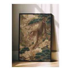 WallXpert uramljena slika 115251, leopard među borovima i belim cvetovima, 30 x 40 cm, crni ram