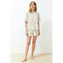 Trendyol Yellow-Multicolor 100% Cotton Gingham Knitted Pajamas Set