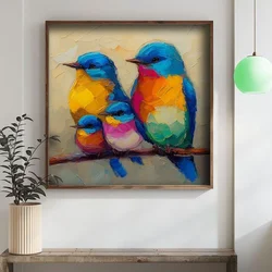 WallXpert uramljena MDF slika DOS061-70, četiri šarene ptice na grani, slikano špahtlom, 70 x 70 cm