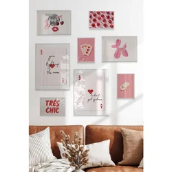 WallXpert set od 8 manjih uramljenih slika Çgs-063, roze i crveni motivi – karte za igru, trešnje, disko kugla i balon pas, beli ram