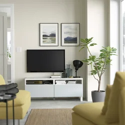 BESTA TV stalaža s fiokama, bela/Selsviken/Stubbarp svetlosiva-plava, 120x42x48 cm