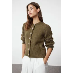 Trendyol Khaki Soft Textured Jewel Buttoned Knitwear Cardigan