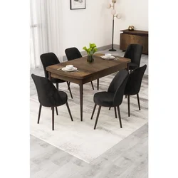 Hanah Home trpezarijski set Rax, sto na razvlačenje i 6 stolica, ploča u dekoru drveta Baroque, crna tkanina Babyface