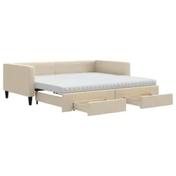 Vidaxl Izvlečna dnevna postelja s predali krem 100x200 cm blago