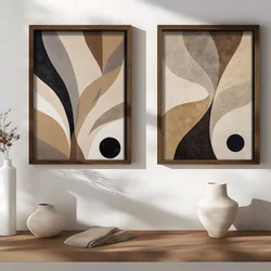 WallXpert set uramljenih MDF slika NAL199-46, apstraktni organski oblici u bež, braon i crnoj sa crnim krugom, 2 x 35,5 x 47 cm