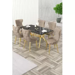 HANAH HOME Rasklopivi trpezarijski sto i stolice (7 delova) Esla Black Marble Gold Cappuccino