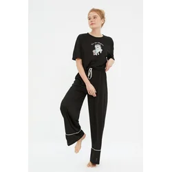 Trendyol Black Cotton Printed T-shirt-Pants Knitted Pajamas Set