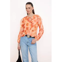 Trendyol Bluza temno rjava / oranžna / marelica / temno oranžna