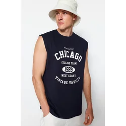 Trendyol Navy Blue Relaxed/Casual Fit City Printed 100% Cotton Sleeveless T-Shirt/Athlete