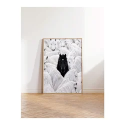 WallXpert uramljena slika 115191, crni konj među belim konjima, 50 x 70 cm, ram u boji prirodnog drveta