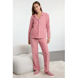 Trendyol Dusty Rose Winter Themed Pocket Polar Fleece Knitted Pajama Set