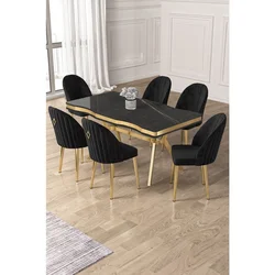 Hanah Home trpezarijski set Pem, sto i 6 stolica, ploča u dekoru Sonata, zlatne noge, crna tkanina Babyface