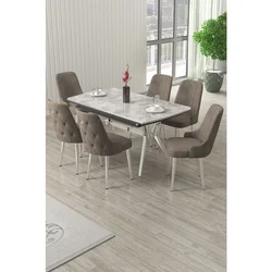 Hanah Home trpezarijski set Nis, sto na razvlačenje i 6 stolica, siva ploča Rampla, hromirane noge, kapućino tkanina Babyface