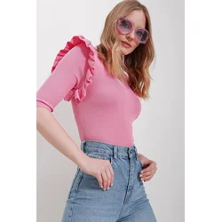 Trend Alacati Stili Ženska bluza 3/4 rukava ALC-X11557, V-izrez, Roze