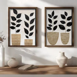 WallXpert set uramljenih MDF slika NAL193-46, crne grane sa lišćem u pletenim saksijama, 2 x 35,5 x 47 cm