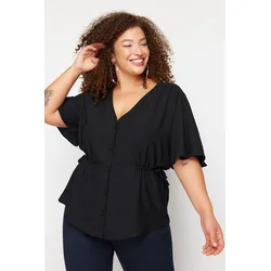 Trendyol Curve Black Knitted V-Neck Tiered Blouse