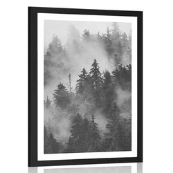 Plakat s paspartujem gore v meglici v črnobeli varianti - 20x30 no frame