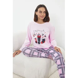 Trendyol Pink-Multicolored 100% Cotton Christmas Themed Plaid Knitted Pajama Set