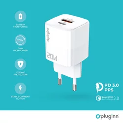 Punjač Pluginn PI-D73, QC30 PD30, PPS, USB-PD 18W+20W, 38W (total) sa PD iPhone Lightning kablom, Beli