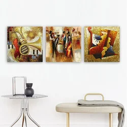 WallXpert slika na platnu od 3 dela DRPRC9005, džez muzičari i instrumenti u zlatnim tonovima, 30 x 90 cm