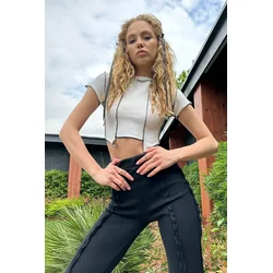 Trend Alacati Stili Ženska bluza kratkih rukava ALC-X12209, Okrugli izrez, Krem