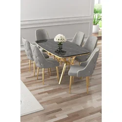 Hanah Home trpezarijski set Asel, sto i 6 stolica, ploča u dekoru Sonata, zlatne noge, siva tkanina Babyface