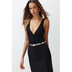 Trendyol Black Fitted V Neck Ribbed Flexible Snaps Knitted Body