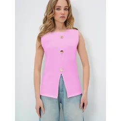 Trend Alacati Stili Ženska bluza bez rukava Alc-X13729, Okrugli izrez, Roze