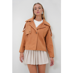 Trend Alaçati Stili Womens Cinnamon Double Breasted Button Detail Unlined Jacket