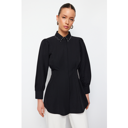 Trendyol Black Waist Fitted Pearl Detail Woven Shirt