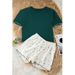 Trendyol Emerald Green Galaxy Patterned Baby Overlock Detailed Shorts Knitted Pajama Set