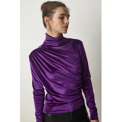 Happiness Istanbul Womens Purple Gathered Collar Elegant Velvet Blouse