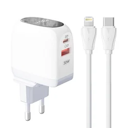 LDNIO Kućni punjač sa Type-C na iPhone lightning kablomA2522C QC3.0, PD, PPS, LED Display, 30W, Beli