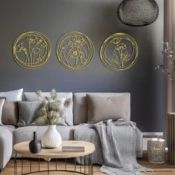 WallXpert metalni zidni ukras RT-NMD-076, linijski poljski cvetovi u 3 kruga, 3 dela, 39 x 39 cm, zlatni