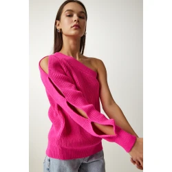 Happiness Istanbul Womens Fuchsia Window Detailed Single Sleeve Knitwear Sweater