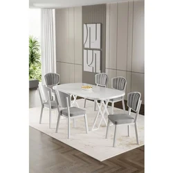 Hanah Home trpezarijski set Flori, sto i 6 stolica, bela ploča, siva tkanina Babyface