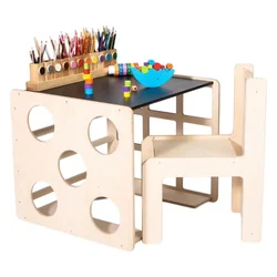Kinder home, dečiji sto sa stolicom I kockom za penjanje, sto za aktivnu igru, prirodno drvo montesori set 2 u 1 ( at-tc-2516 )