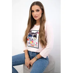 Blouse with cat graphics 3D powdered pinjk