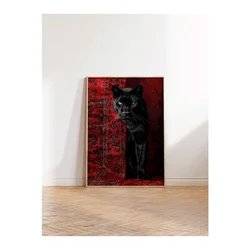 WallXpert uramljena slika 115238, crni panter na crvenom orijentalnom ćilimu, 50 x 70 cm, ram u boji prirodnog drveta