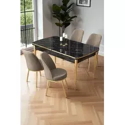 HANAH HOME Rasklopivi trpezarijski sto i stolice (5 delova) Nira Black Marble Gold Cappuccino