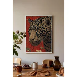 WallXpert uramljena slika 115273, leopard i cveće na crvenoj pozadini, 30 x 40 cm, beli ram