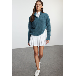 Trendyol Blue Boucle Yarn Zippered High Collar Knitwear Sweater