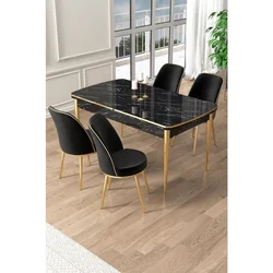 Hanah Home trpezarijski set Pale, sto na razvlačenje i 4 stolice, ploča u dekoru crnog mermera, zlatne noge, crna tkanina Babyface