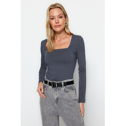 Trendyol Anthracite Cotton Square Collar Regular Fit Knitted Blouse