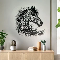 WallXpert metalni zidni ukras DCV-1057-MT, glava konja sa grivom od grana, 60 x 60 cm, crni