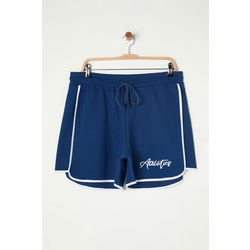 Trendyol Curve Blue Slogan Printed Piping Detailed Knitted Plus Size Shorts & Bermuda