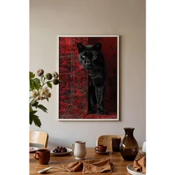 WallXpert uramljena slika 115238, crni panter na crvenom orijentalnom ćilimu, 50 x 70 cm, beli ram
