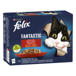 FELIX Fantastic Odabrani okusi sela u želeu, potpuna hrana za kućne ljubimce, za odrasle mačke, mokra hrana s govedinom, zečetinom, janjetinom i piletinom u želeu, 12x85g