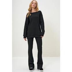 Trend Alaçati Stili Womens Black Boat Neck Camisole Oversize Blouse and Bell-bottom Trouser Set
